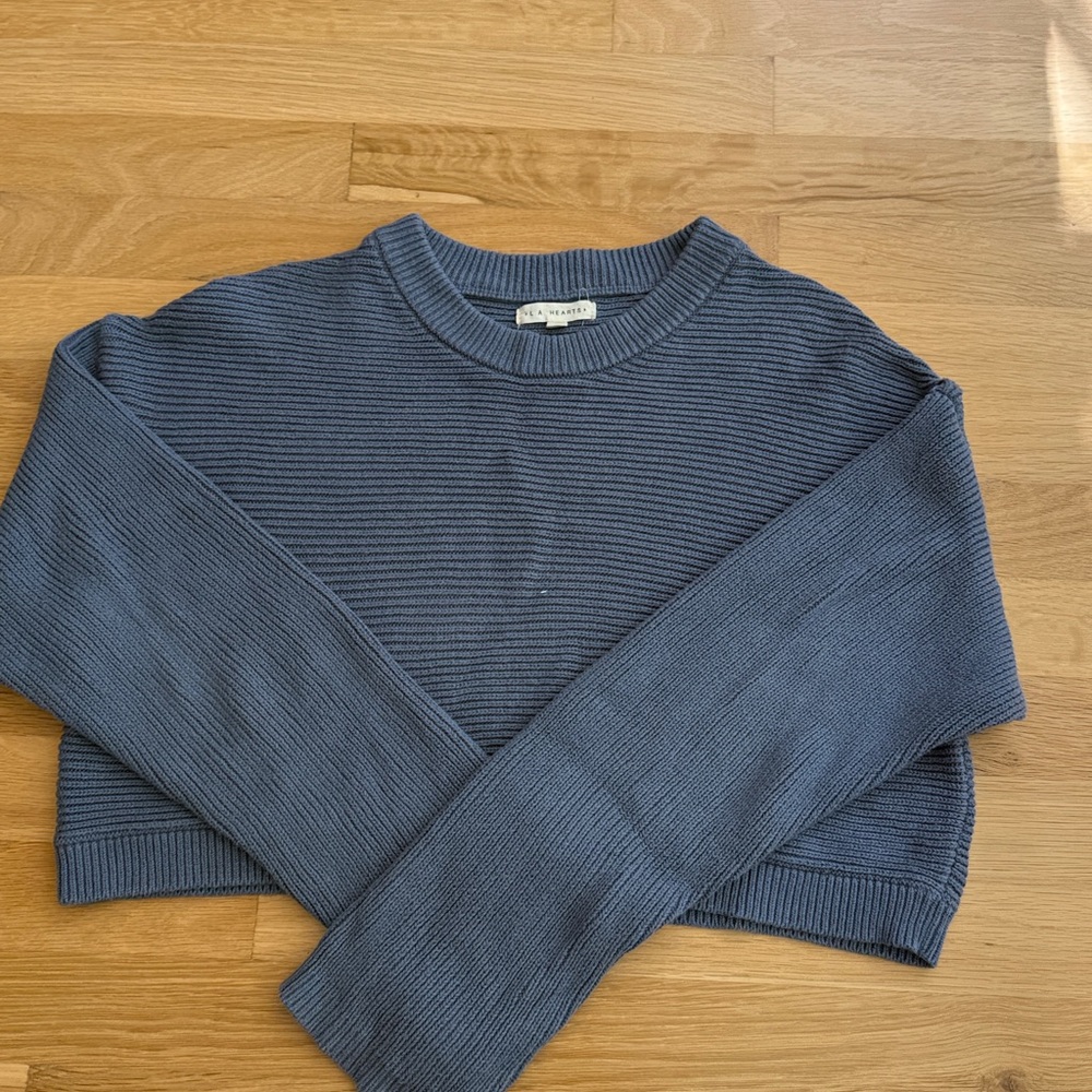 Blue Ribbed Knit Cropped Sweater